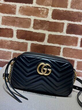 Gucci Black Quilted Chevron Crossbody with Gold Double G